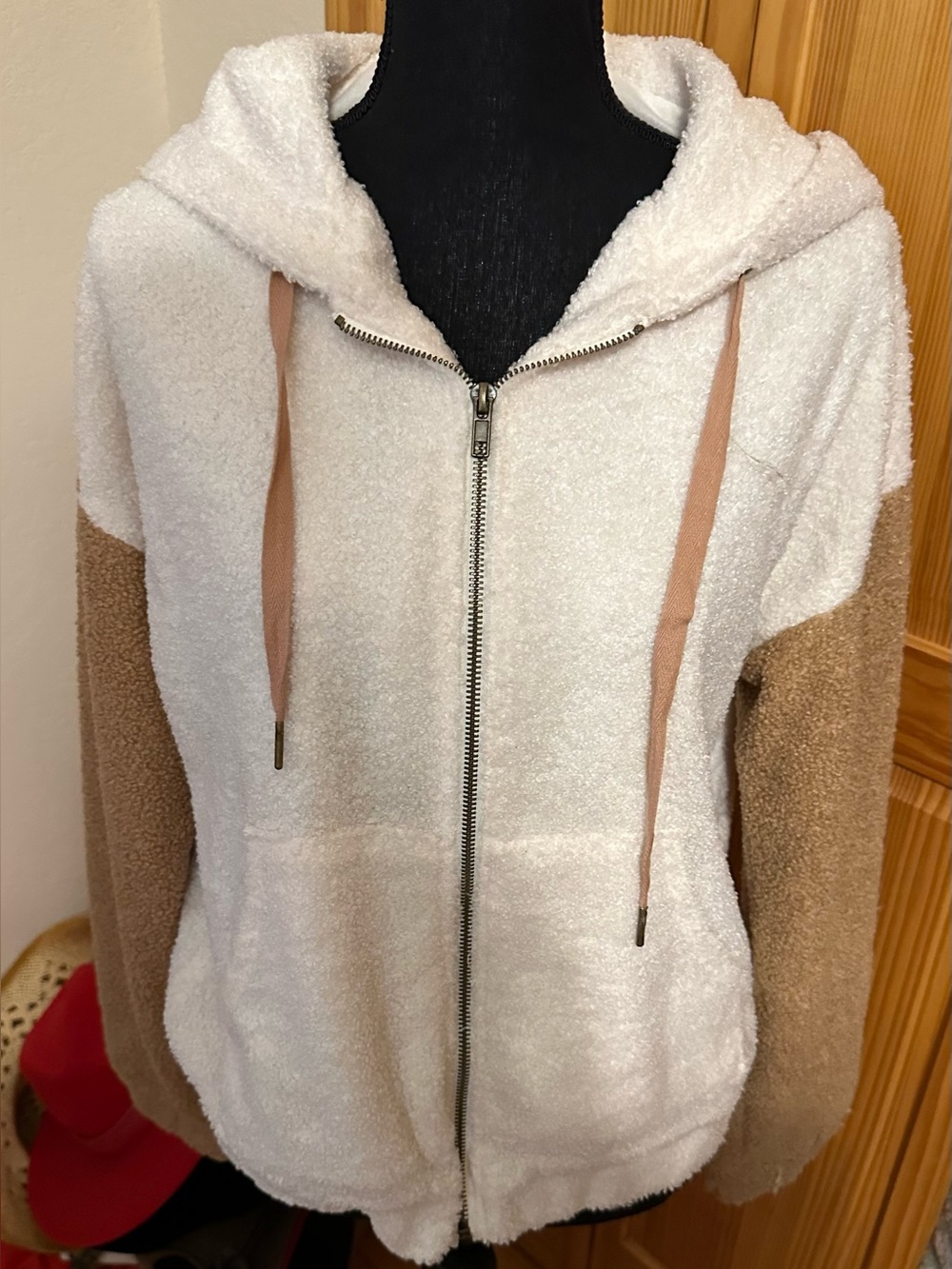 Hem & Thread White Sherpa Zip Hoodie with Tan Sleeves